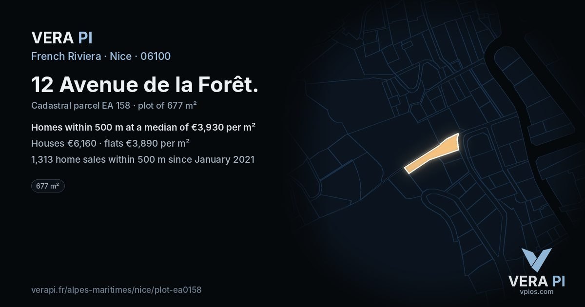 12 Avenue de la Forêt, Nice at night – the plot lit, the parcels around coloured by the prices near them