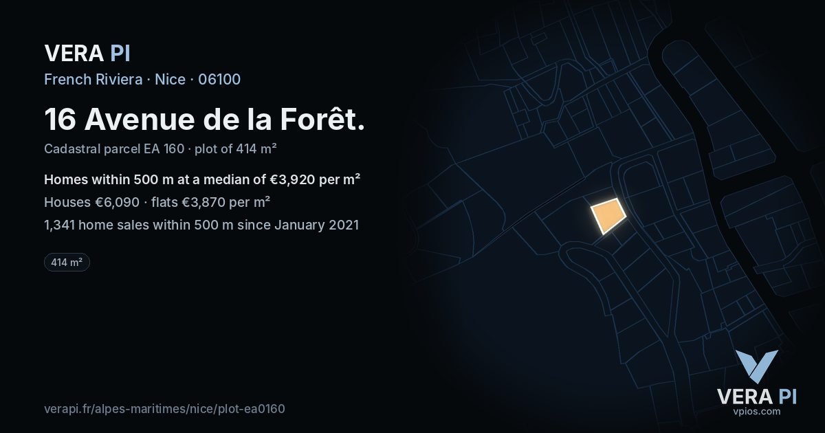 16 Avenue de la Forêt, Nice at night – the plot lit, the parcels around coloured by the prices near them
