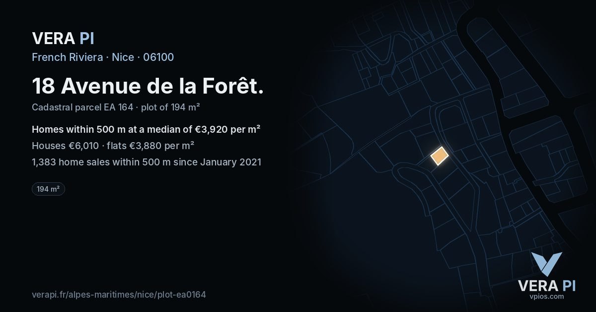 18 Avenue de la Forêt, Nice at night – the plot lit, the parcels around coloured by the prices near them