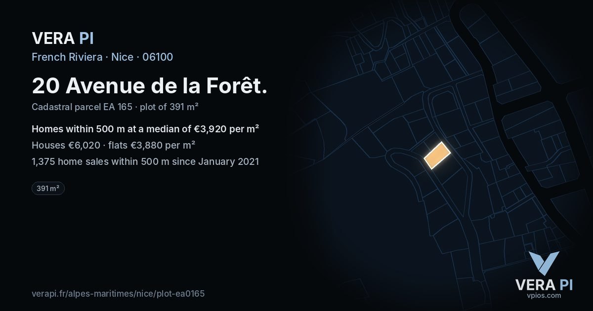 20 Avenue de la Forêt, Nice at night – the plot lit, the parcels around coloured by the prices near them