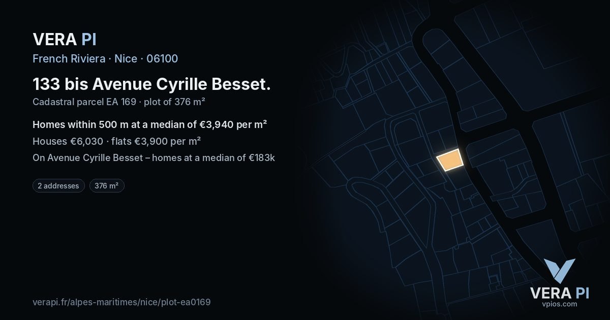 133 bis Avenue Cyrille Besset, Nice at night – the plot lit, the parcels around coloured by the prices near them