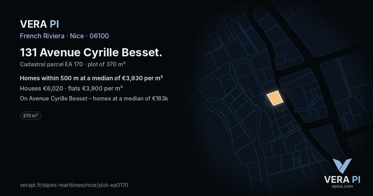 131 Avenue Cyrille Besset, Nice at night – the plot lit, the parcels around coloured by the prices near them
