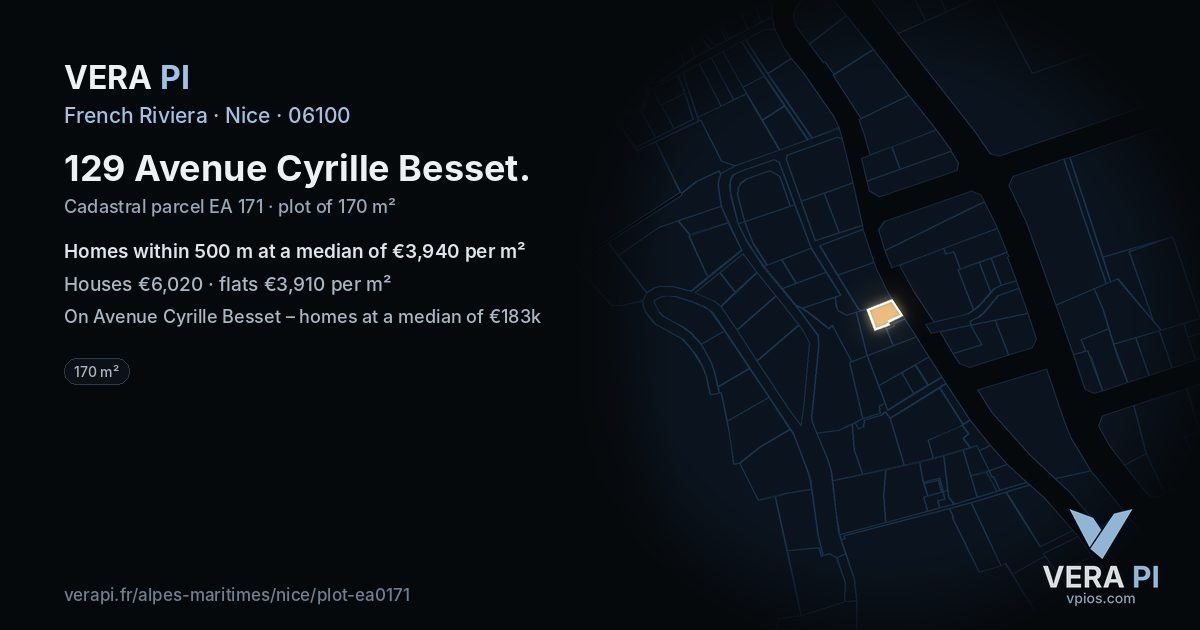 129 Avenue Cyrille Besset, Nice at night – the plot lit, the parcels around coloured by the prices near them