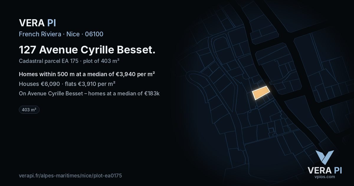 127 Avenue Cyrille Besset, Nice at night – the plot lit, the parcels around coloured by the prices near them
