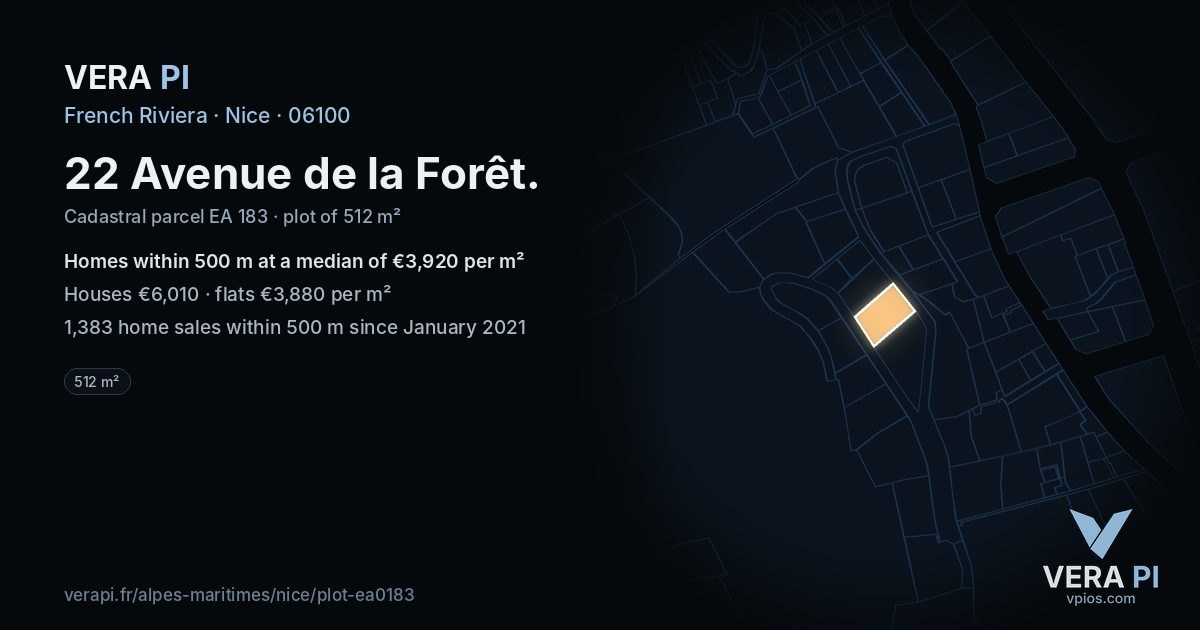 22 Avenue de la Forêt, Nice at night – the plot lit, the parcels around coloured by the prices near them