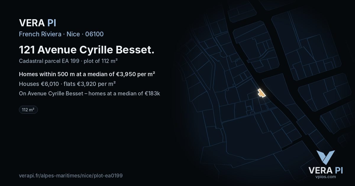 121 Avenue Cyrille Besset, Nice at night – the plot lit, the parcels around coloured by the prices near them