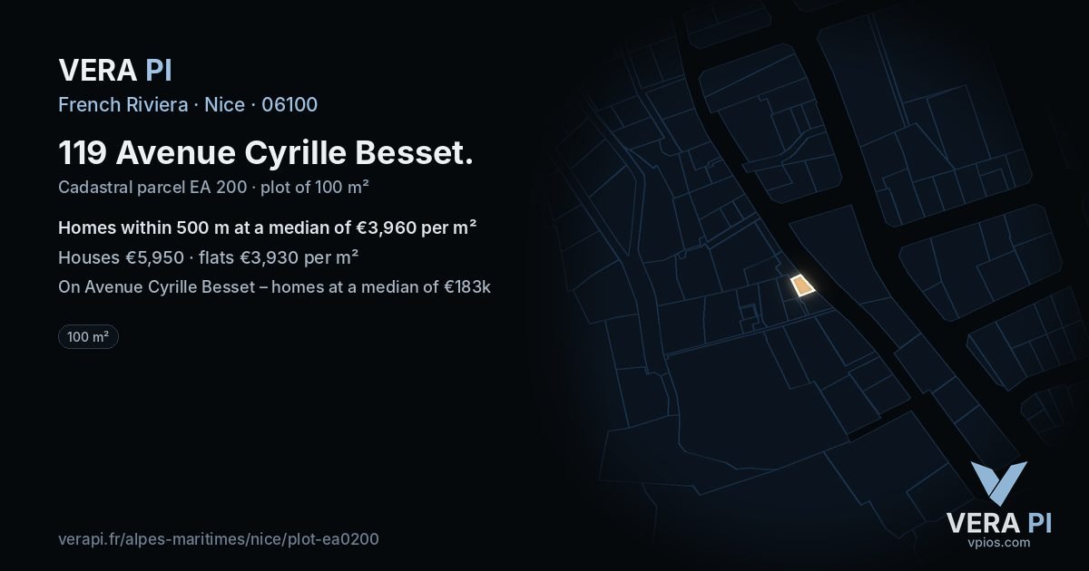 119 Avenue Cyrille Besset, Nice at night – the plot lit, the parcels around coloured by the prices near them