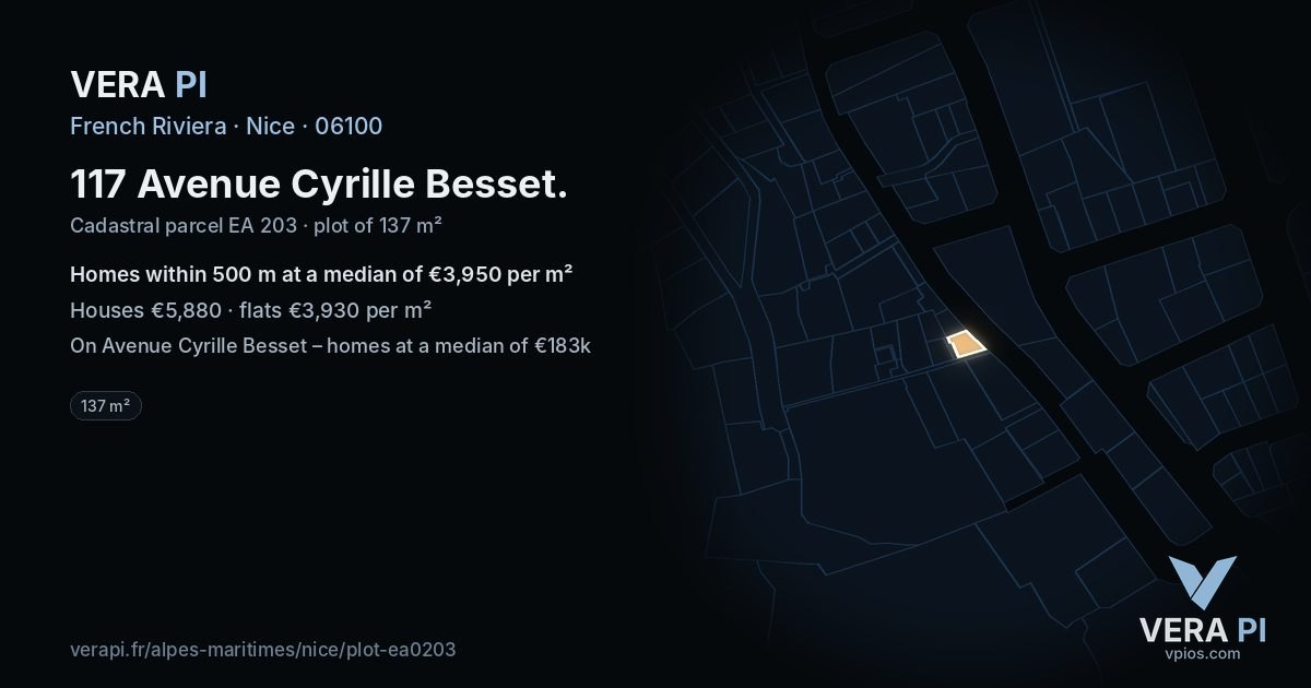 117 Avenue Cyrille Besset, Nice at night – the plot lit, the parcels around coloured by the prices near them