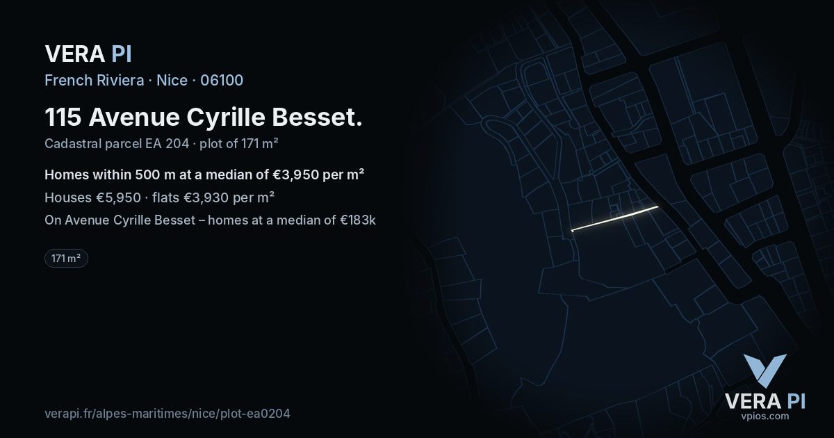 115 Avenue Cyrille Besset, Nice at night – the plot lit, the parcels around coloured by the prices near them