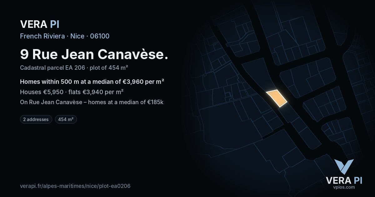 9 Rue Jean Canavèse, Nice at night – the plot lit, the parcels around coloured by the prices near them