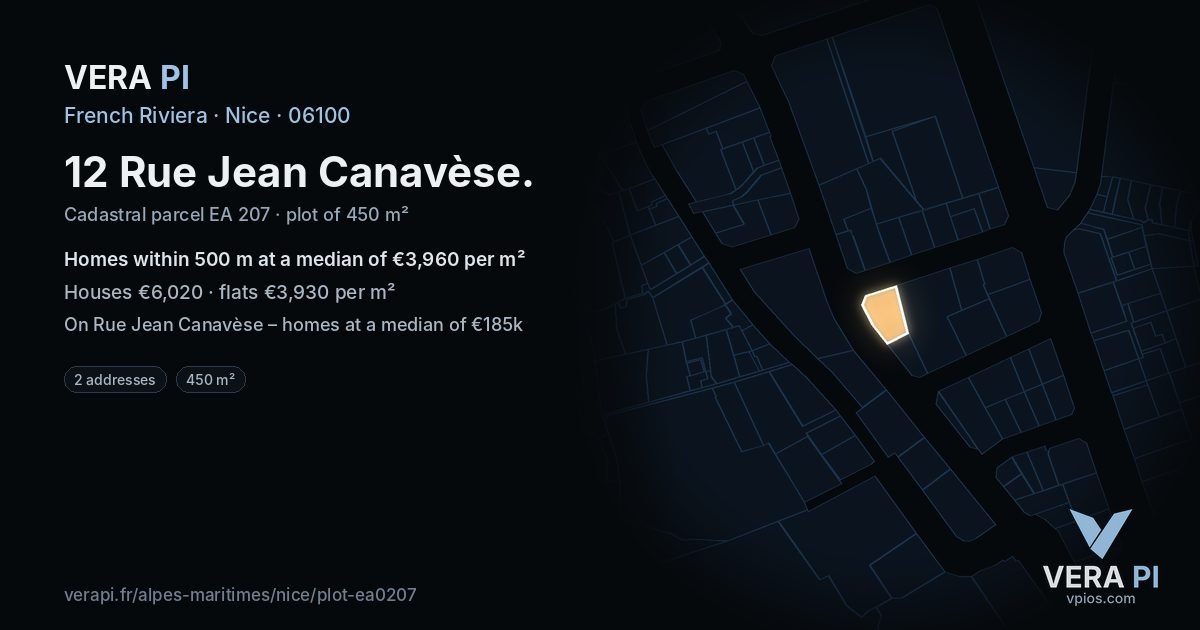12 Rue Jean Canavèse, Nice at night – the plot lit, the parcels around coloured by the prices near them