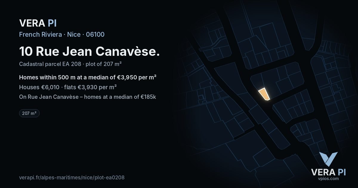 10 Rue Jean Canavèse, Nice at night – the plot lit, the parcels around coloured by the prices near them