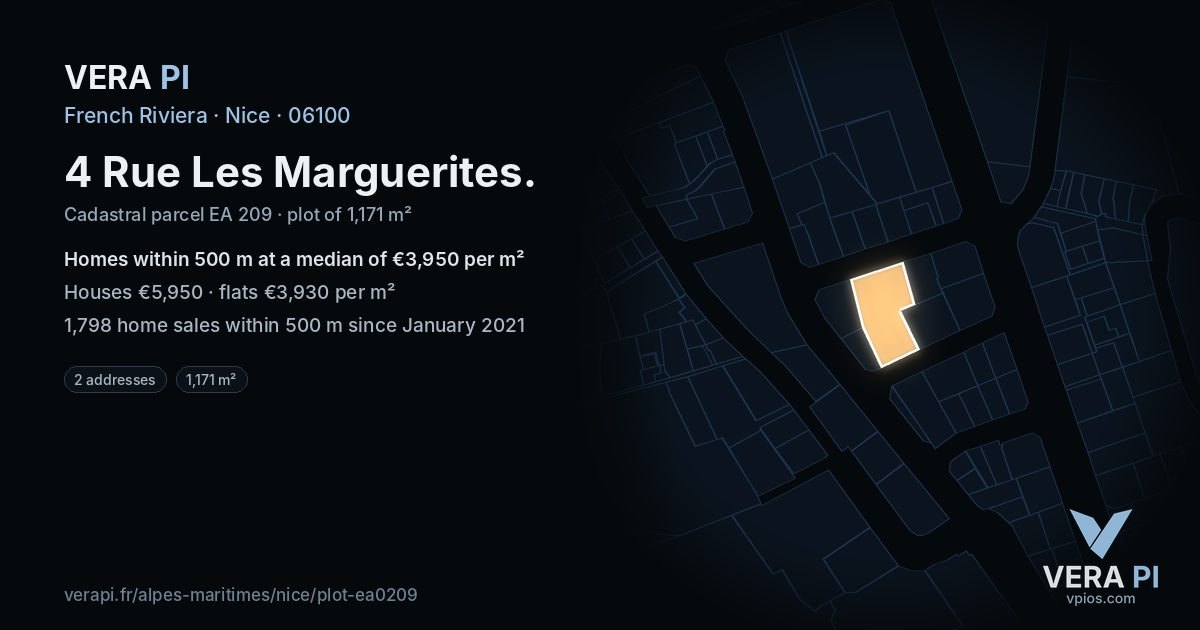 4 Rue Les Marguerites, Nice at night – the plot lit, the parcels around coloured by the prices near them