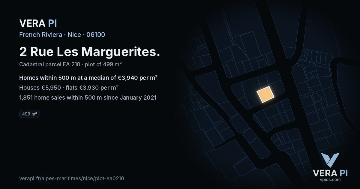 2 Rue Les Marguerites, Nice at night – the plot lit, the parcels around coloured by the prices near them