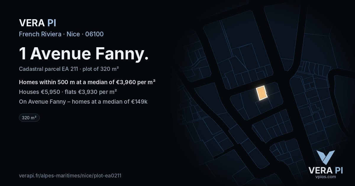 1 Avenue Fanny, Nice at night – the plot lit, the parcels around coloured by the prices near them