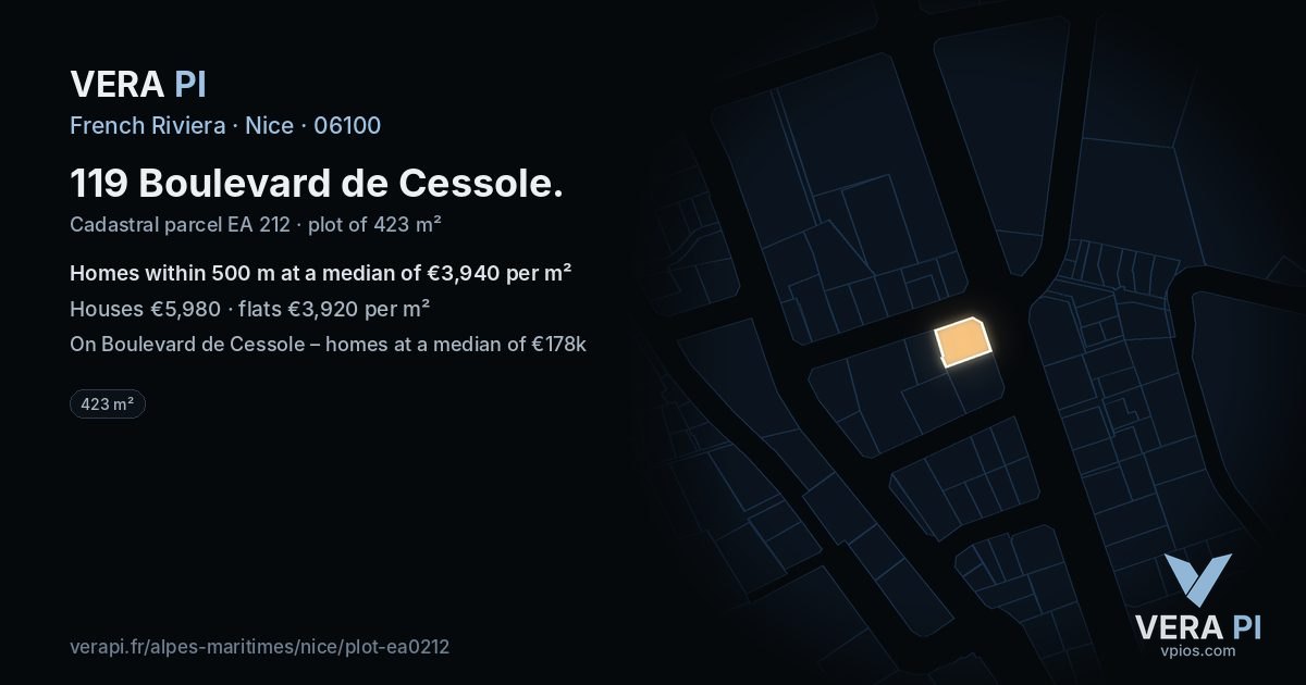 119 Boulevard de Cessole, Nice at night – the plot lit, the parcels around coloured by the prices near them