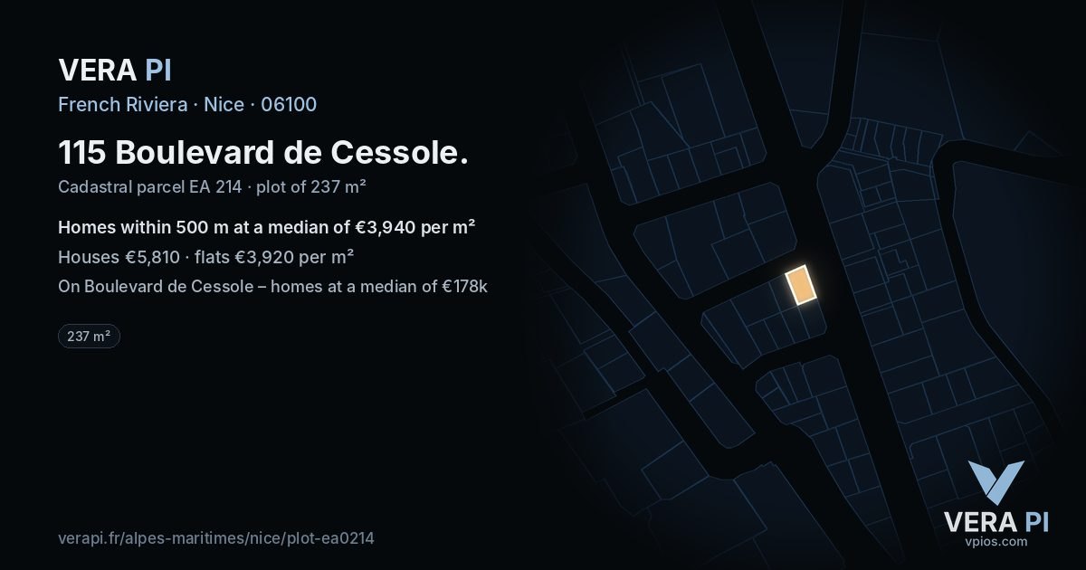 115 Boulevard de Cessole, Nice at night – the plot lit, the parcels around coloured by the prices near them