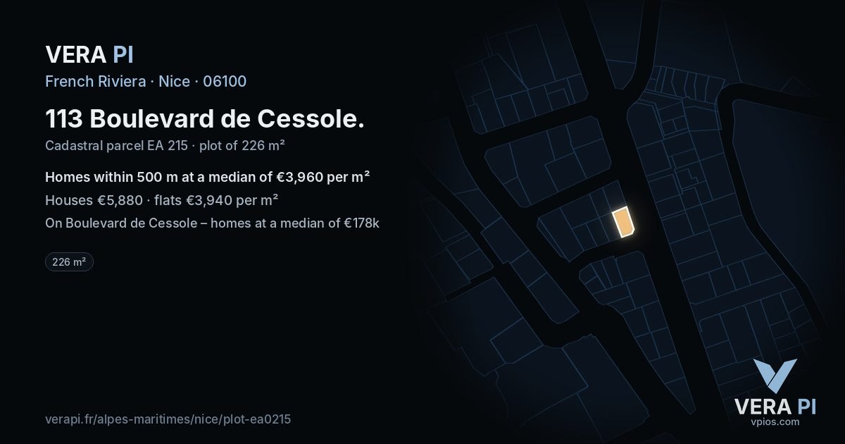 113 Boulevard de Cessole, Nice at night – the plot lit, the parcels around coloured by the prices near them
