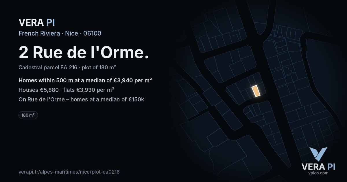 2 Rue de l'Orme, Nice at night – the plot lit, the parcels around coloured by the prices near them