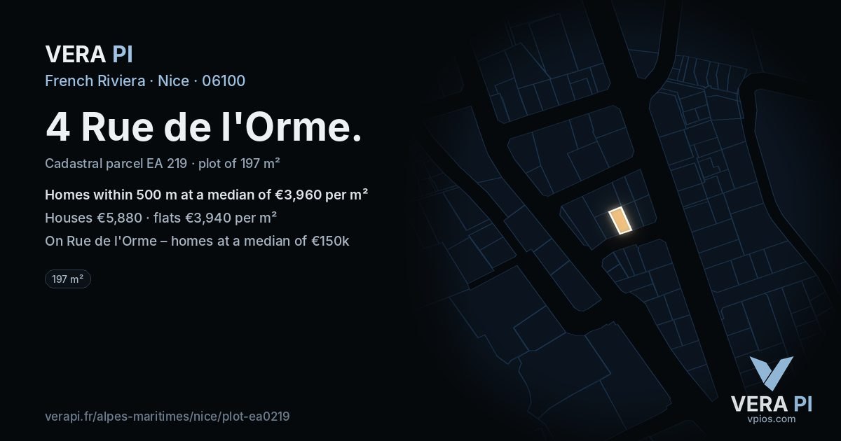 4 Rue de l'Orme, Nice at night – the plot lit, the parcels around coloured by the prices near them