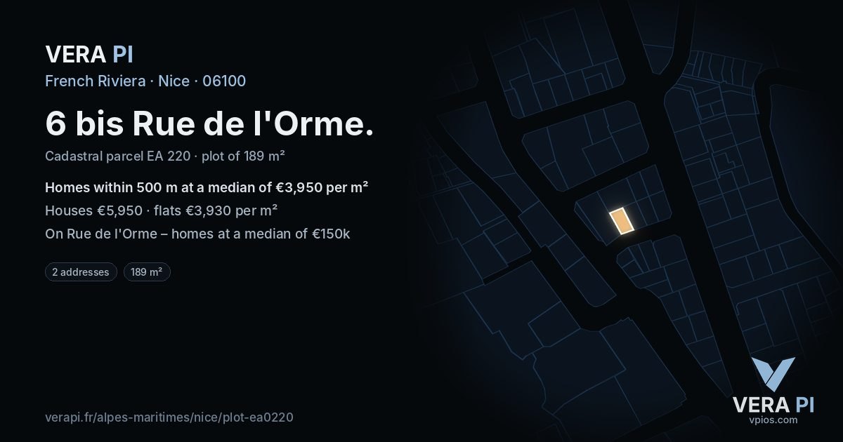 6 bis Rue de l'Orme, Nice at night – the plot lit, the parcels around coloured by the prices near them