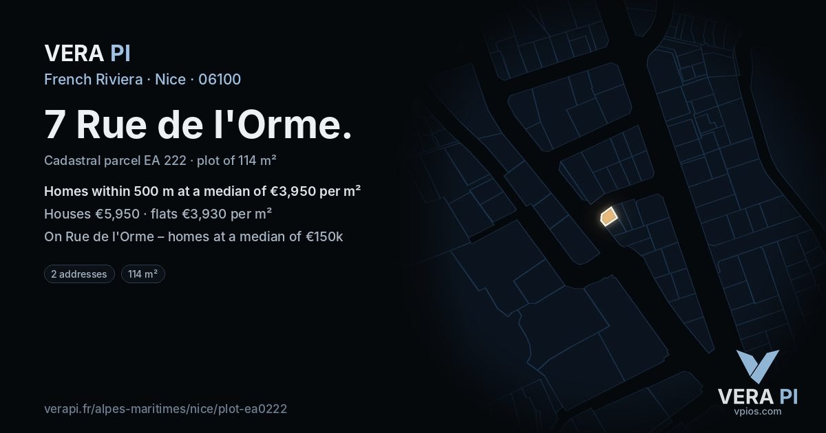 7 Rue de l'Orme, Nice at night – the plot lit, the parcels around coloured by the prices near them