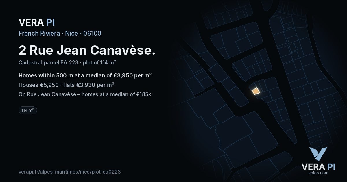 2 Rue Jean Canavèse, Nice at night – the plot lit, the parcels around coloured by the prices near them