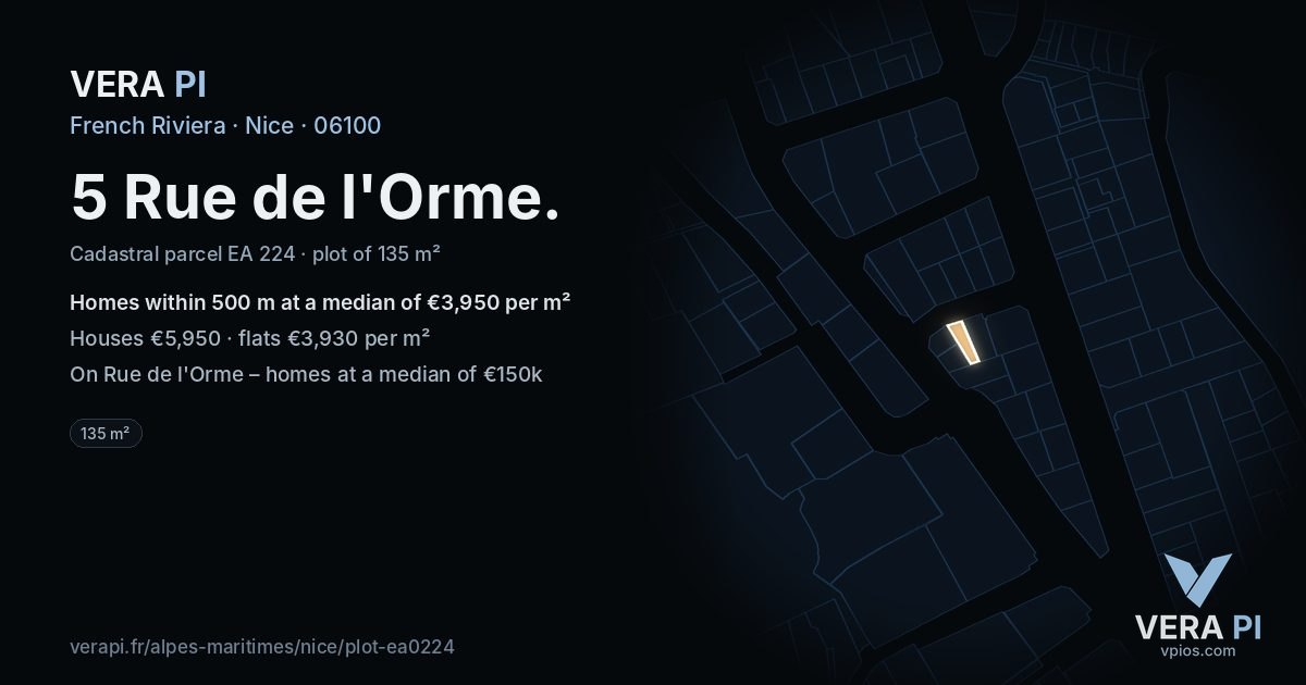 5 Rue de l'Orme, Nice at night – the plot lit, the parcels around coloured by the prices near them