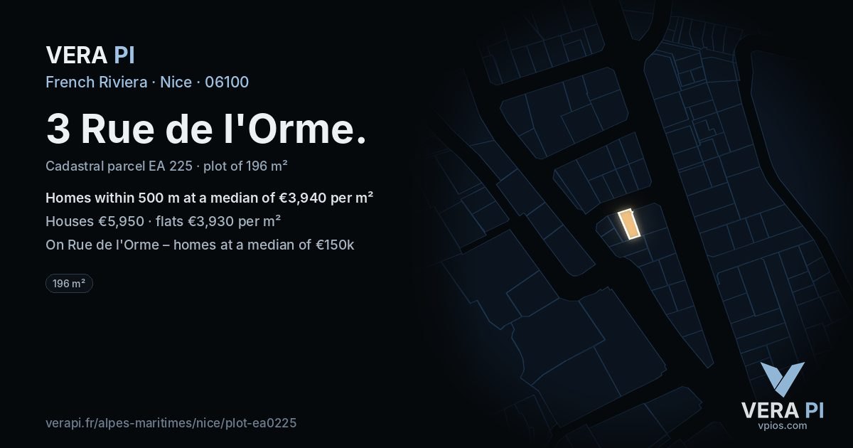 3 Rue de l'Orme, Nice at night – the plot lit, the parcels around coloured by the prices near them
