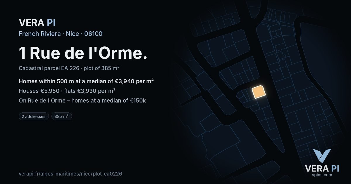 1 Rue de l'Orme, Nice at night – the plot lit, the parcels around coloured by the prices near them