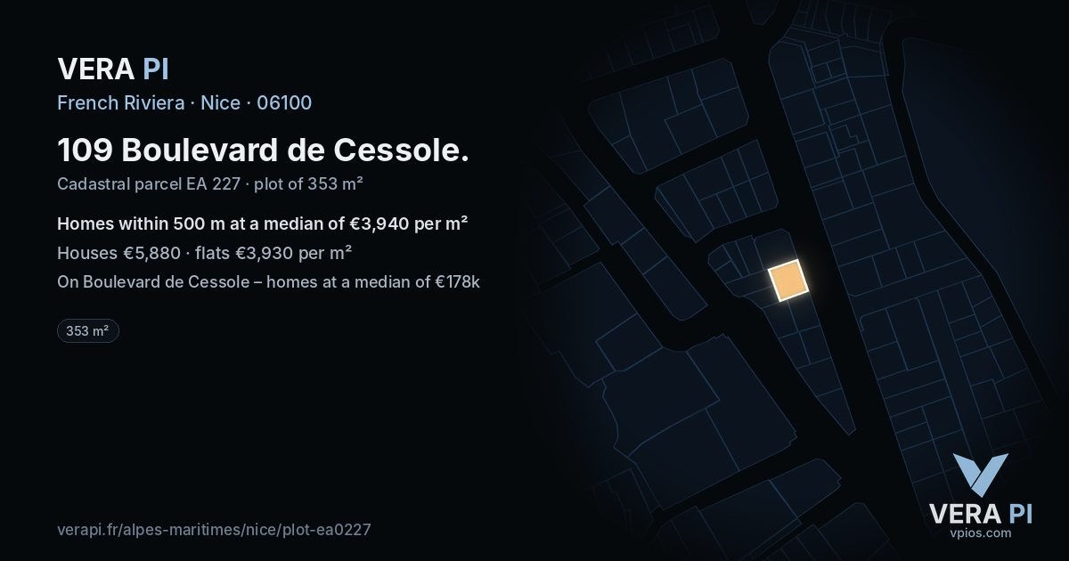 109 Boulevard de Cessole, Nice at night – the plot lit, the parcels around coloured by the prices near them