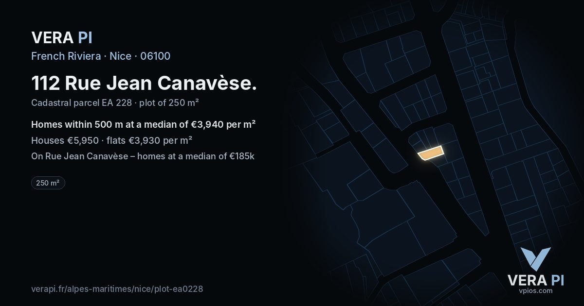 112 Rue Jean Canavèse, Nice at night – the plot lit, the parcels around coloured by the prices near them