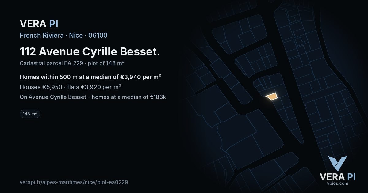 112 Avenue Cyrille Besset, Nice at night – the plot lit, the parcels around coloured by the prices near them