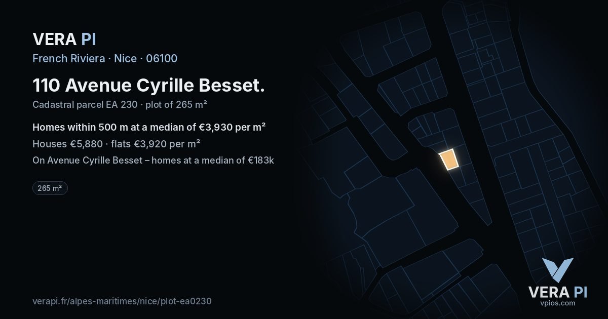 110 Avenue Cyrille Besset, Nice at night – the plot lit, the parcels around coloured by the prices near them