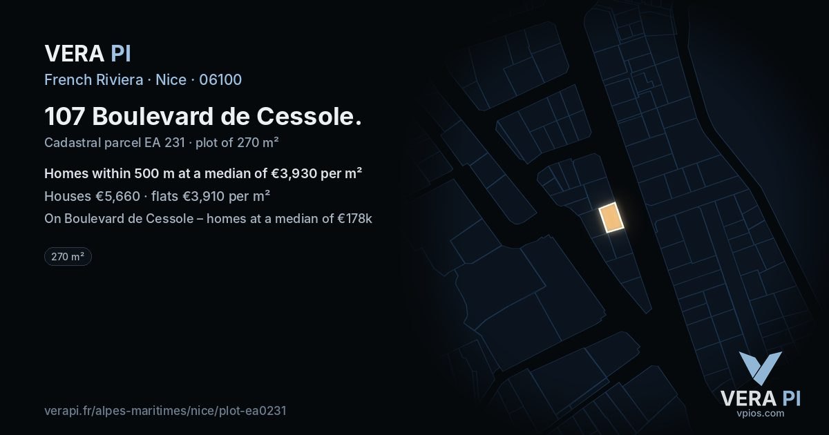 107 Boulevard de Cessole, Nice at night – the plot lit, the parcels around coloured by the prices near them
