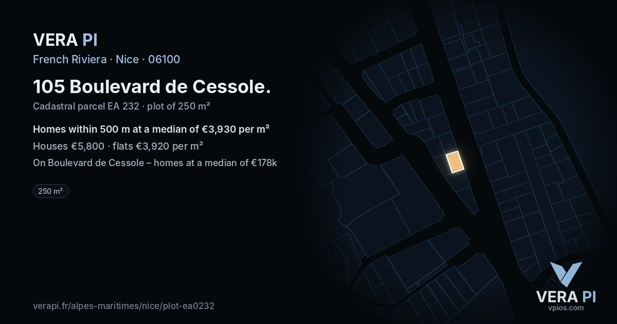 105 Boulevard de Cessole, Nice at night – the plot lit, the parcels around coloured by the prices near them