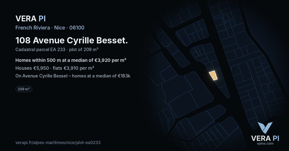 108 Avenue Cyrille Besset, Nice at night – the plot lit, the parcels around coloured by the prices near them