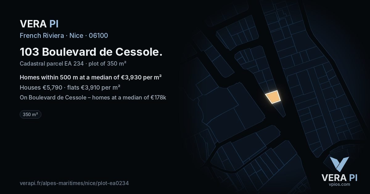 103 Boulevard de Cessole, Nice at night – the plot lit, the parcels around coloured by the prices near them
