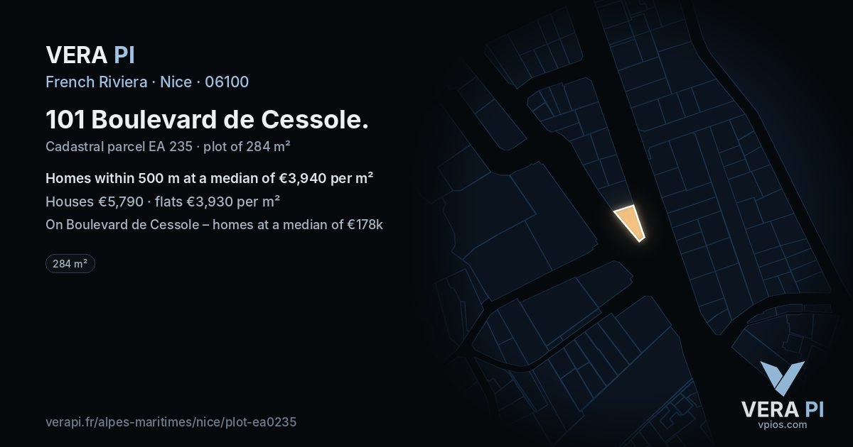 101 Boulevard de Cessole, Nice at night – the plot lit, the parcels around coloured by the prices near them