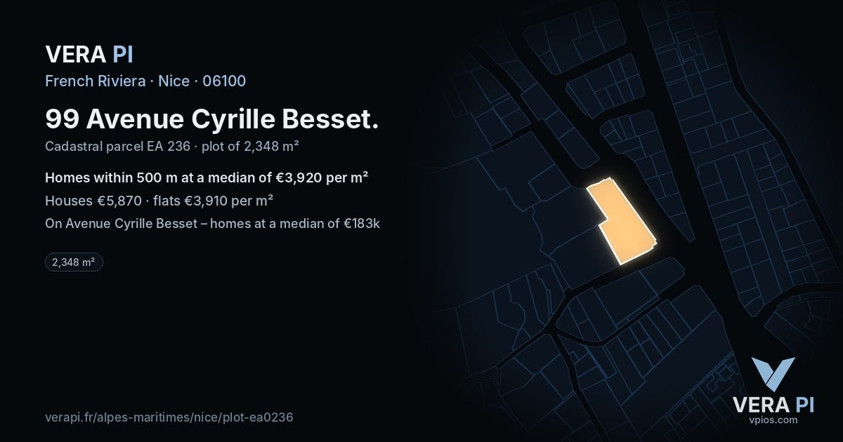 99 Avenue Cyrille Besset, Nice at night – the plot lit, the parcels around coloured by the prices near them