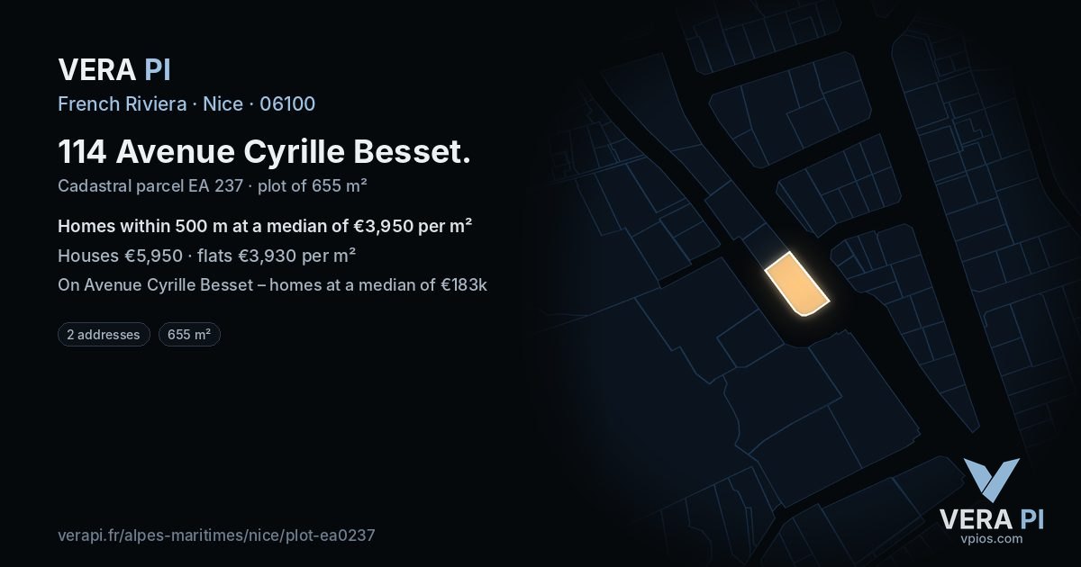 114 Avenue Cyrille Besset, Nice at night – the plot lit, the parcels around coloured by the prices near them