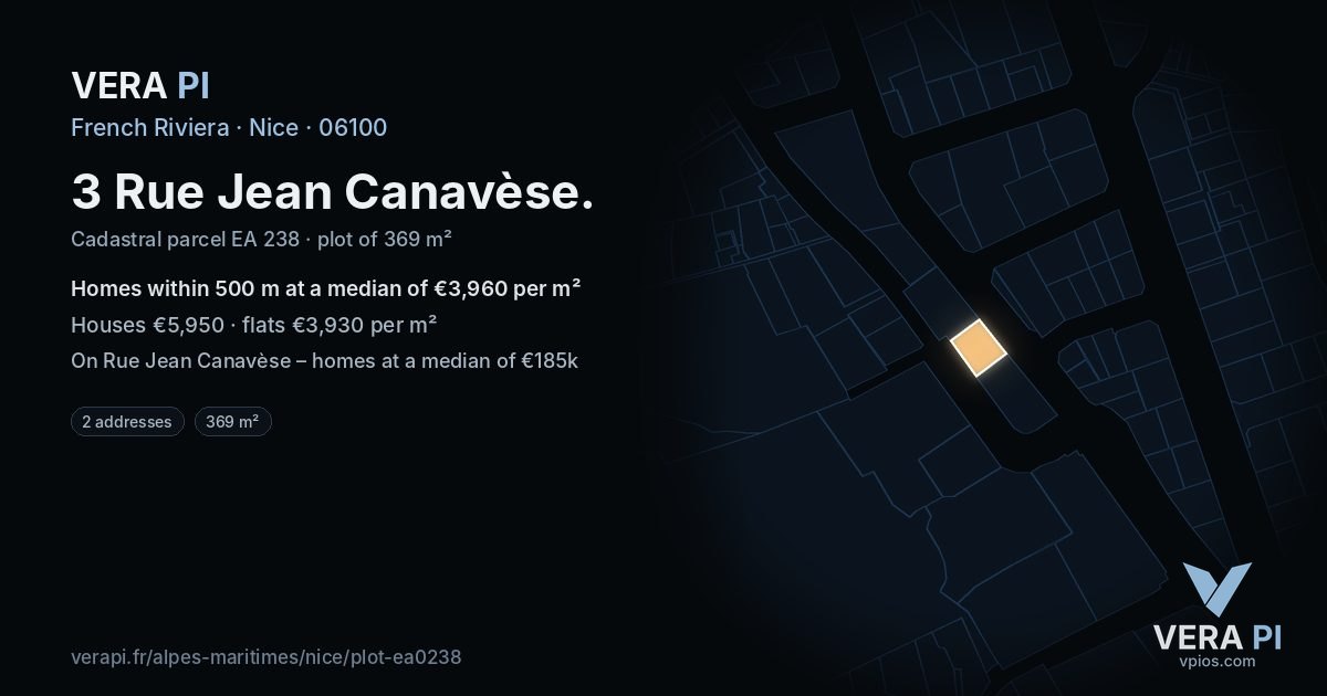 3 Rue Jean Canavèse, Nice at night – the plot lit, the parcels around coloured by the prices near them
