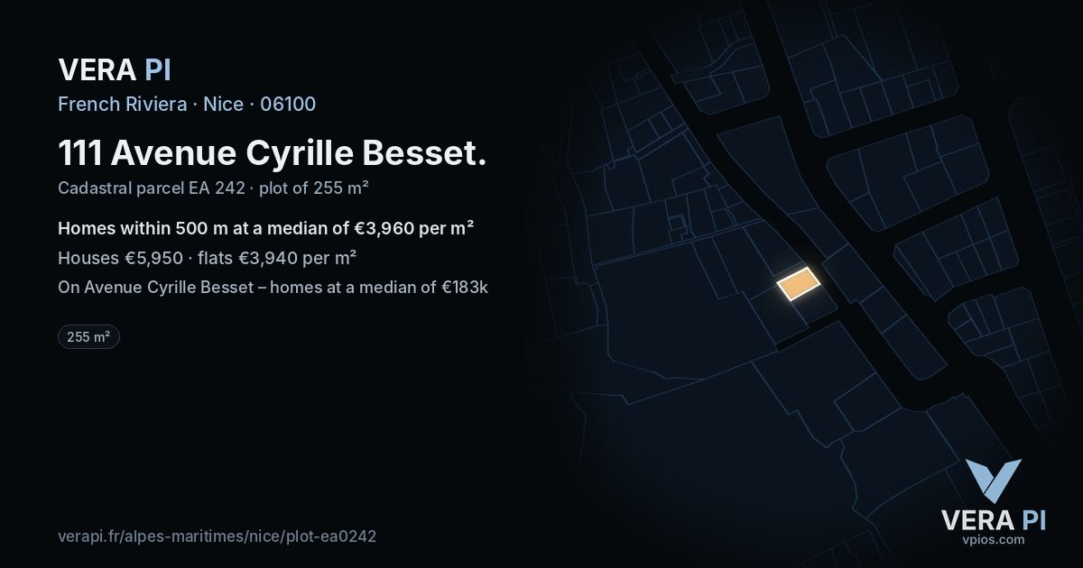 111 Avenue Cyrille Besset, Nice at night – the plot lit, the parcels around coloured by the prices near them