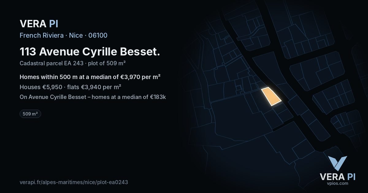 113 Avenue Cyrille Besset, Nice at night – the plot lit, the parcels around coloured by the prices near them