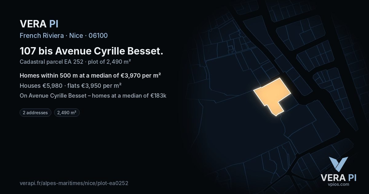 107 bis Avenue Cyrille Besset, Nice at night – the plot lit, the parcels around coloured by the prices near them
