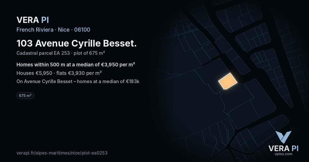 103 Avenue Cyrille Besset, Nice at night – the plot lit, the parcels around coloured by the prices near them