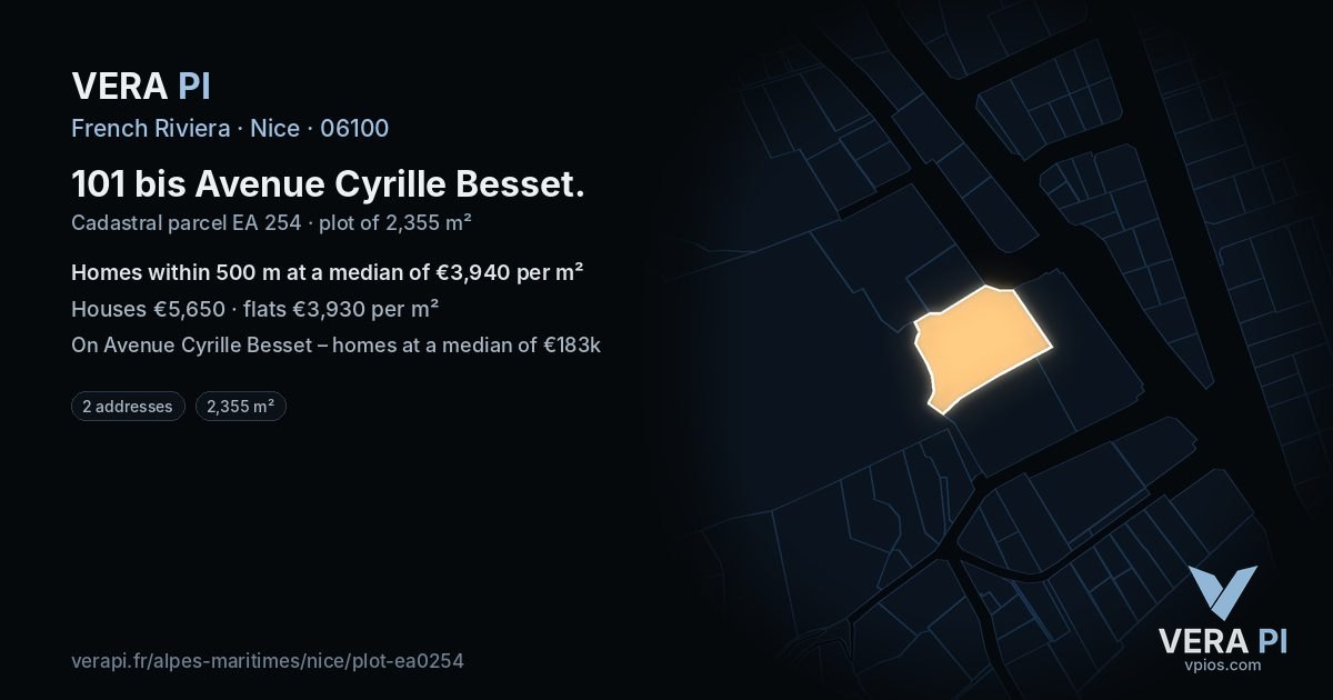 101 bis Avenue Cyrille Besset, Nice at night – the plot lit, the parcels around coloured by the prices near them