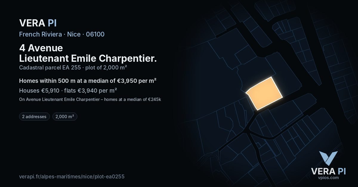 4 Avenue Lieutenant Emile Charpentier, Nice at night – the plot lit, the parcels around coloured by the prices near them