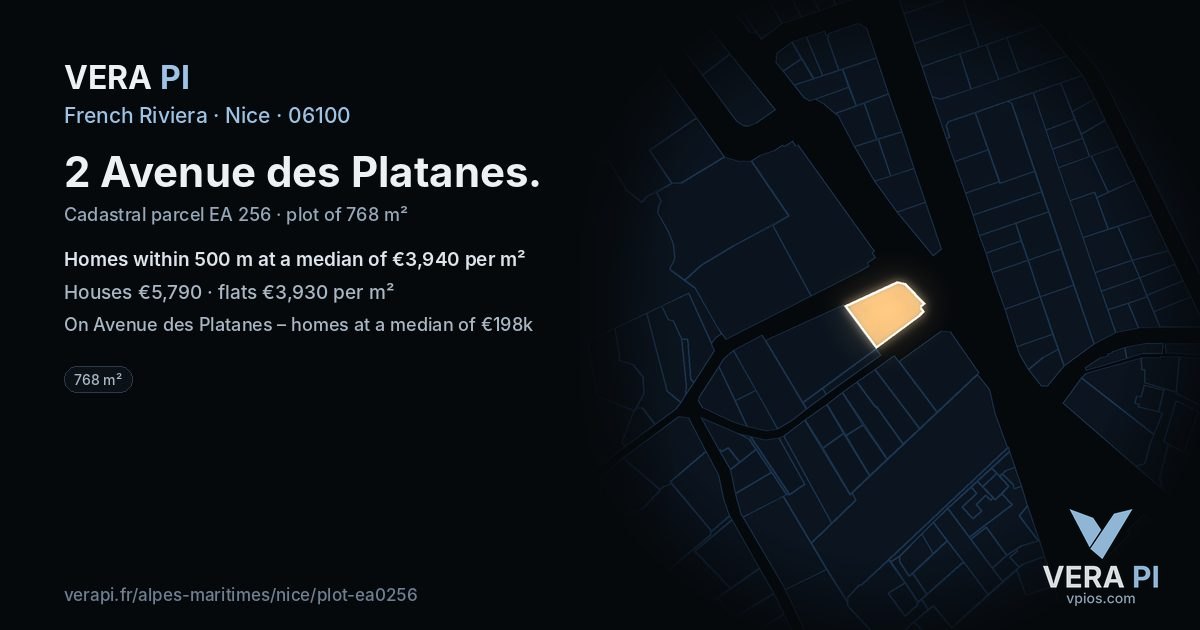 2 Avenue des Platanes, Nice at night – the plot lit, the parcels around coloured by the prices near them
