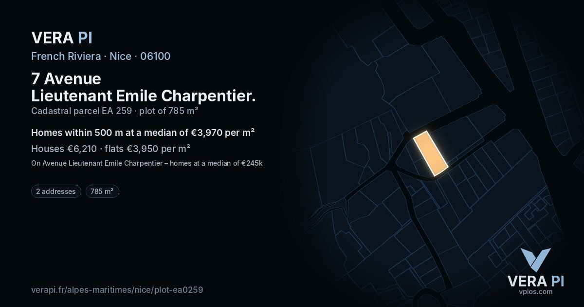 7 Avenue Lieutenant Emile Charpentier, Nice at night – the plot lit, the parcels around coloured by the prices near them
